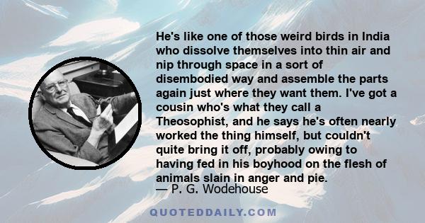 He's like one of those weird birds in India who dissolve themselves into thin air and nip through space in a sort of disembodied way and assemble the parts again just where they want them. I've got a cousin who's what