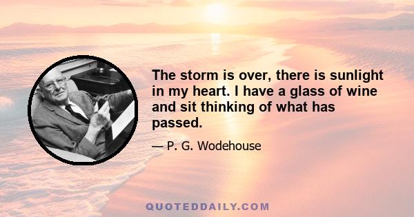 The storm is over, there is sunlight in my heart. I have a glass of wine and sit thinking of what has passed.