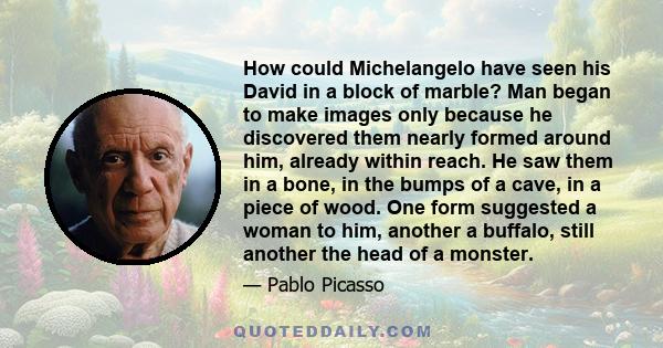 How could Michelangelo have seen his David in a block of marble? Man began to make images only because he discovered them nearly formed around him, already within reach. He saw them in a bone, in the bumps of a cave, in 