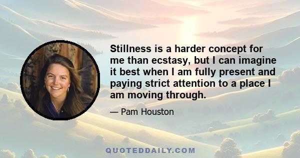 Stillness is a harder concept for me than ecstasy, but I can imagine it best when I am fully present and paying strict attention to a place I am moving through.