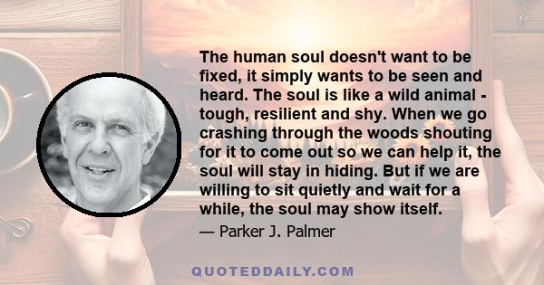 The human soul doesn't want to be fixed, it simply wants to be seen and heard. The soul is like a wild animal - tough, resilient and shy. When we go crashing through the woods shouting for it to come out so we can help