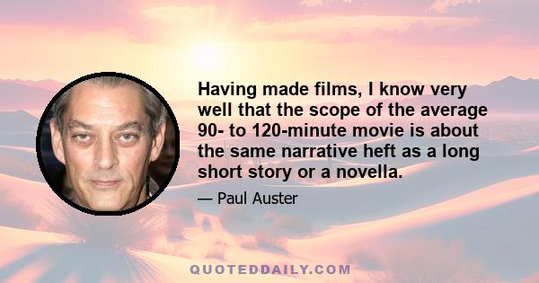 Having made films, I know very well that the scope of the average 90- to 120-minute movie is about the same narrative heft as a long short story or a novella.