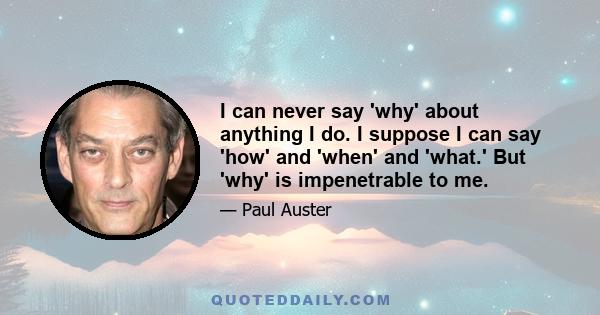 I can never say 'why' about anything I do. I suppose I can say 'how' and 'when' and 'what.' But 'why' is impenetrable to me.