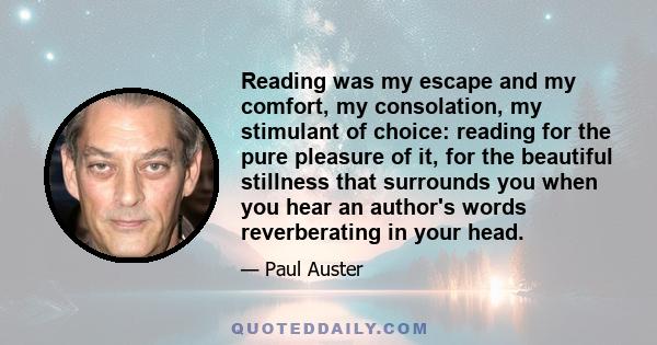 Reading was my escape and my comfort, my consolation, my stimulant of choice: reading for the pure pleasure of it, for the beautiful stillness that surrounds you when you hear an author's words reverberating in your