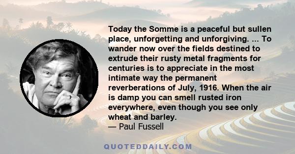 Today the Somme is a peaceful but sullen place, unforgetting and unforgiving. ... To wander now over the fields destined to extrude their rusty metal fragments for centuries is to appreciate in the most intimate way the 