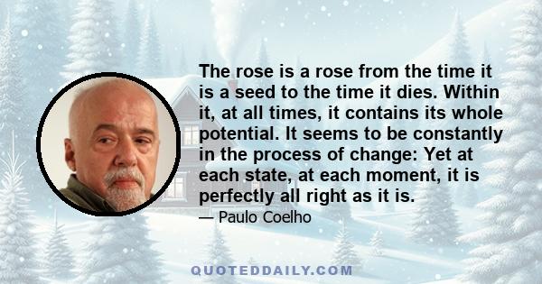 The rose is a rose from the time it is a seed to the time it dies. Within it, at all times, it contains its whole potential. It seems to be constantly in the process of change: Yet at each state, at each moment, it is