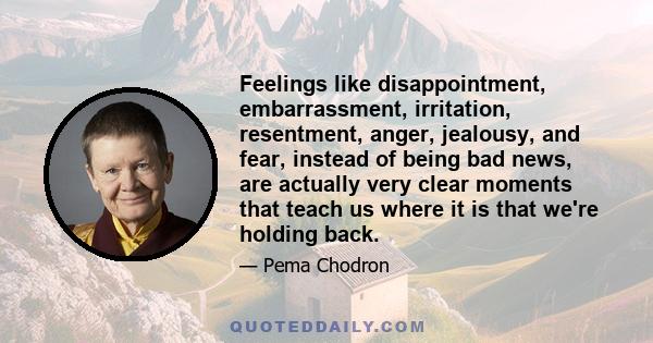 Feelings like disappointment, embarrassment, irritation, resentment, anger, jealousy, and fear, instead of being bad news, are actually very clear moments that teach us where it is that we’re holding back. They teach us 