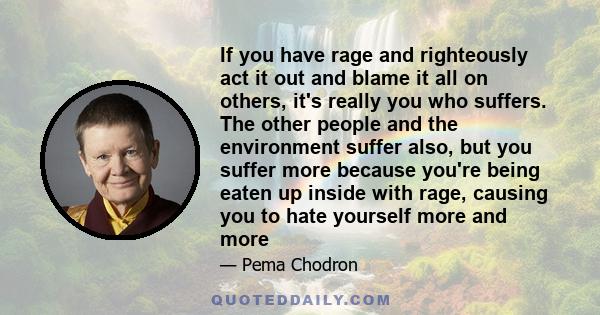 If you have rage and righteously act it out and blame it all on others, it's really you who suffers. The other people and the environment suffer also, but you suffer more because you're being eaten up inside with rage,