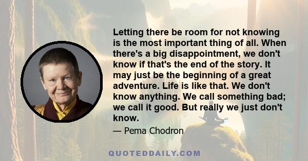 Letting there be room for not knowing is the most important thing of all. When there's a big disappointment, we don't know if that's the end of the story. It may just be the beginning of a great adventure. Life is like