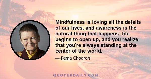 Mindfulness is loving all the details of our lives, and awareness is the natural thing that happens: life begins to open up, and you realize that you're always standing at the center of the world.