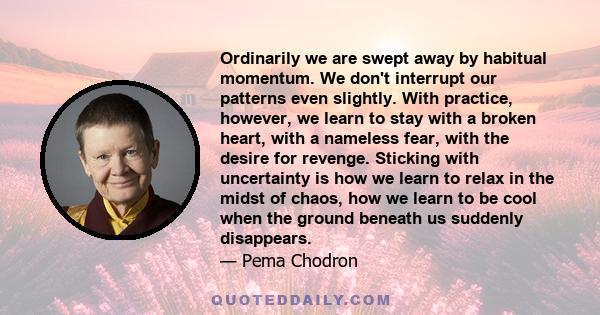 Ordinarily we are swept away by habitual momentum. We don't interrupt our patterns even slightly. With practice, however, we learn to stay with a broken heart, with a nameless fear, with the desire for revenge. Sticking 