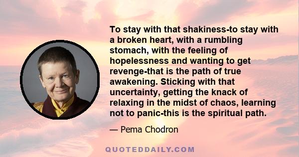 To stay with that shakiness-to stay with a broken heart, with a rumbling stomach, with the feeling of hopelessness and wanting to get revenge-that is the path of true awakening. Sticking with that uncertainty, getting