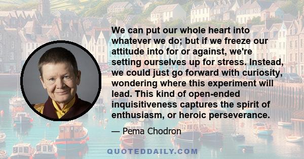 We can put our whole heart into whatever we do; but if we freeze our attitude into for or against, we're setting ourselves up for stress. Instead, we could just go forward with curiosity, wondering where this experiment 