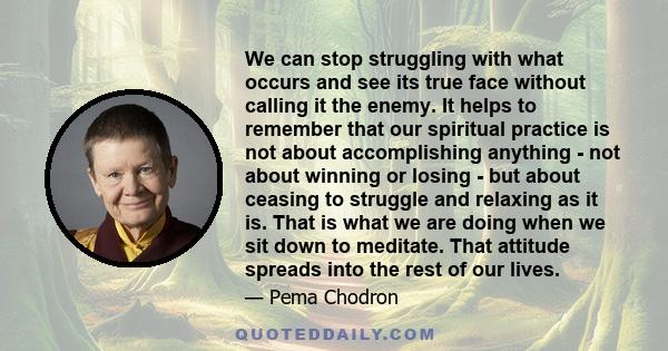 We can stop struggling with what occurs and see its true face without calling it the enemy. It helps to remember that our spiritual practice is not about accomplishing anything - not about winning or losing - but about