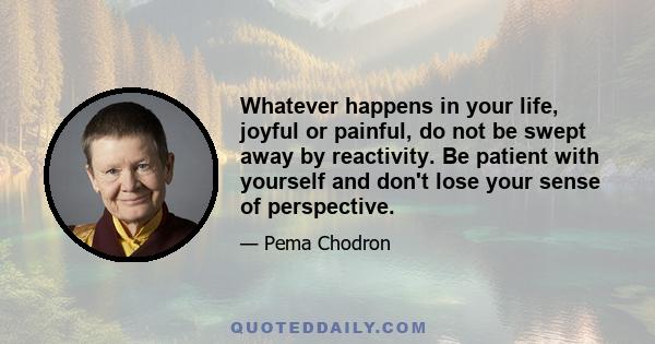 Whatever happens in your life, joyful or painful, do not be swept away by reactivity. Be patient with yourself and don't lose your sense of perspective.