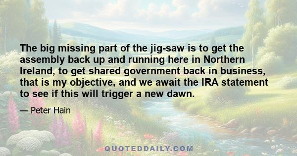 The big missing part of the jig-saw is to get the assembly back up and running here in Northern Ireland, to get shared government back in business, that is my objective, and we await the IRA statement to see if this