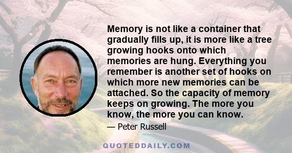 Memory is not like a container that gradually fills up, it is more like a tree growing hooks onto which memories are hung. Everything you remember is another set of hooks on which more new memories can be attached. So