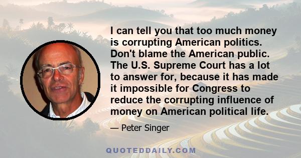 I can tell you that too much money is corrupting American politics. Don't blame the American public. The U.S. Supreme Court has a lot to answer for, because it has made it impossible for Congress to reduce the