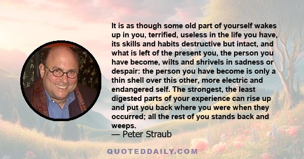 It is as though some old part of yourself wakes up in you, terrified, useless in the life you have, its skills and habits destructive but intact, and what is left of the present you, the person you have become, wilts