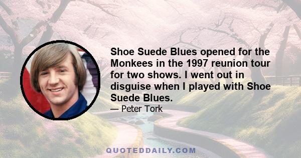 Shoe Suede Blues opened for the Monkees in the 1997 reunion tour for two shows. I went out in disguise when I played with Shoe Suede Blues.