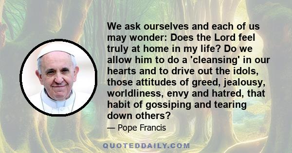 We ask ourselves and each of us may wonder: Does the Lord feel truly at home in my life? Do we allow him to do a 'cleansing' in our hearts and to drive out the idols, those attitudes of greed, jealousy, worldliness,