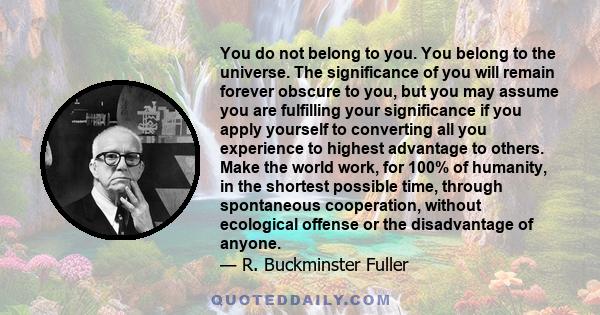 You do not belong to you. You belong to the universe. The significance of you will remain forever obscure to you, but you may assume you are fulfilling your significance if you apply yourself to converting all you