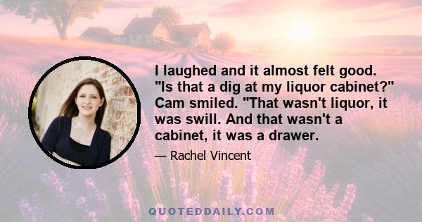 I laughed and it almost felt good. Is that a dig at my liquor cabinet? Cam smiled. That wasn't liquor, it was swill. And that wasn't a cabinet, it was a drawer.