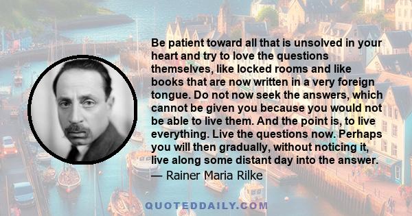 Be patient toward all that is unsolved in your heart and try to love the questions themselves, like locked rooms and like books that are now written in a very foreign tongue. Do not now seek the answers, which cannot be 