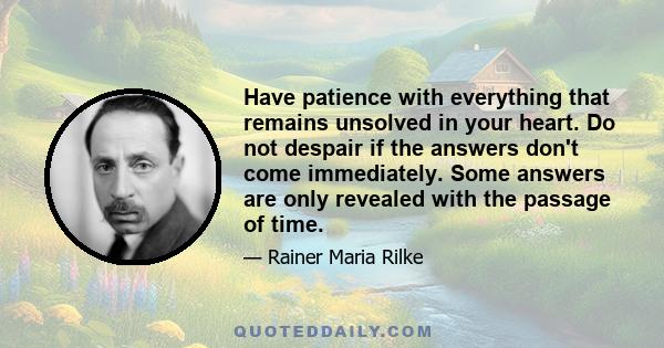 Have patience with everything that remains unsolved in your heart. Do not despair if the answers don't come immediately. Some answers are only revealed with the passage of time.