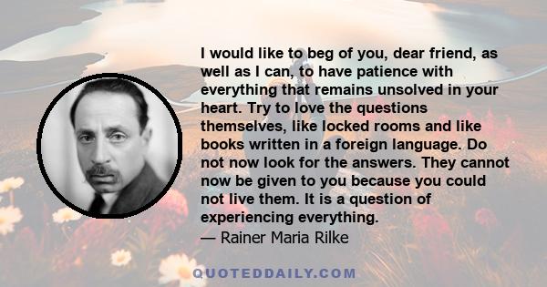 I would like to beg of you, dear friend, as well as I can, to have patience with everything that remains unsolved in your heart. Try to love the questions themselves, like locked rooms and like books written in a