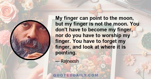 My finger can point to the moon, but my finger is not the moon. You don't have to become my finger, nor do you have to worship my finger. You have to forget my finger, and look at where it is pointing.