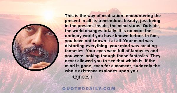 This is the way of meditation: encountering the present in all its tremendous beauty, just being in the present. Inside, the mind stops. Outside, the world changes totally. It is no more the ordinary world you have