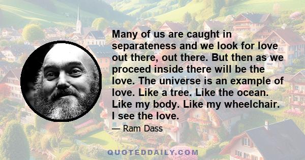 Many of us are caught in separateness and we look for love out there, out there. But then as we proceed inside there will be the love. The universe is an example of love. Like a tree. Like the ocean. Like my body. Like