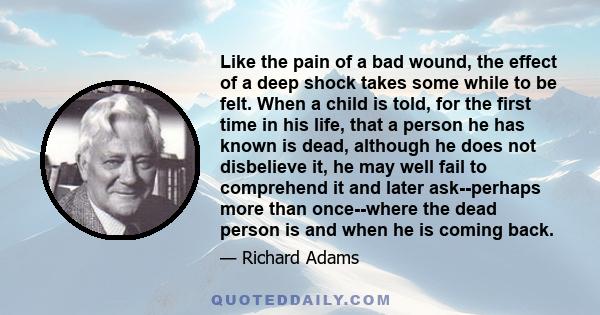 Like the pain of a bad wound, the effect of a deep shock takes some while to be felt. When a child is told, for the first time in his life, that a person he has known is dead, although he does not disbelieve it, he may