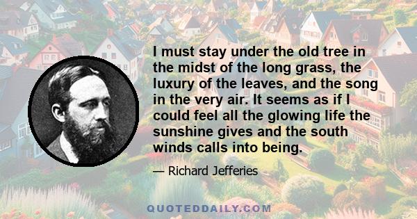 I must stay under the old tree in the midst of the long grass, the luxury of the leaves, and the song in the very air. It seems as if I could feel all the glowing life the sunshine gives and the south winds calls into