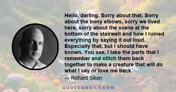 Hello, darling. Sorry about that. Sorry about the bony elbows, sorry we lived here, sorry about the scene at the bottom of the stairwell and how I ruined everything by saying it out loud. Especially that, but I should