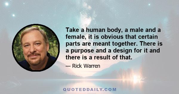 Take a human body, a male and a female, it is obvious that certain parts are meant together. There is a purpose and a design for it and there is a result of that.