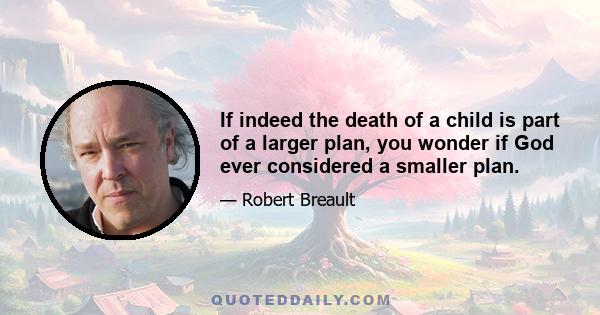 If indeed the death of a child is part of a larger plan, you wonder if God ever considered a smaller plan.