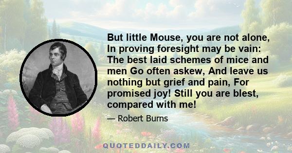 But little Mouse, you are not alone, In proving foresight may be vain: The best laid schemes of mice and men Go often askew, And leave us nothing but grief and pain, For promised joy! Still you are blest, compared with