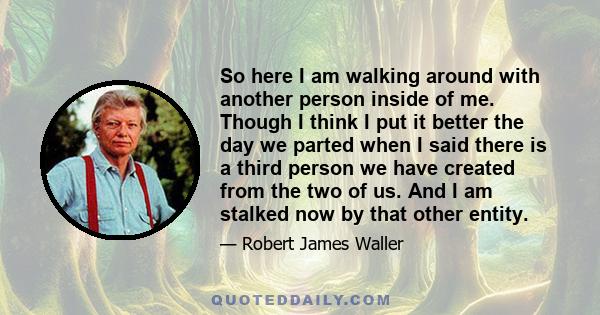 So here I am walking around with another person inside of me. Though I think I put it better the day we parted when I said there is a third person we have created from the two of us. And I am stalked now by that other