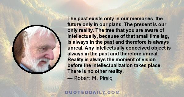 The past exists only in our memories, the future only in our plans. The present is our only reality. The tree that you are aware of intellectually, because of that small time lag, is always in the past and therefore is