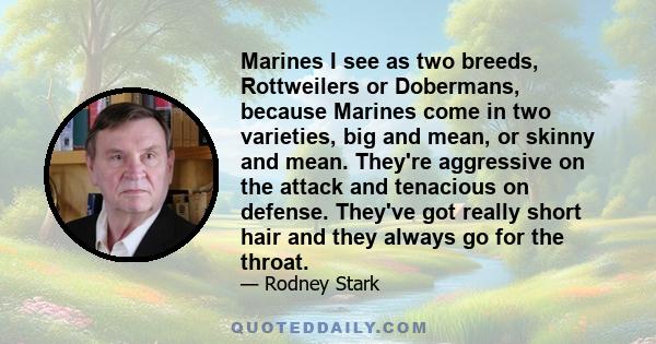 Marines I see as two breeds, Rottweilers or Dobermans, because Marines come in two varieties, big and mean, or skinny and mean. They're aggressive on the attack and tenacious on defense. They've got really short hair