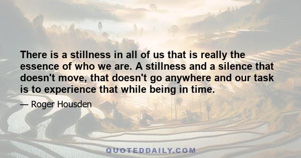 There is a stillness in all of us that is really the essence of who we are. A stillness and a silence that doesn't move, that doesn't go anywhere and our task is to experience that while being in time.