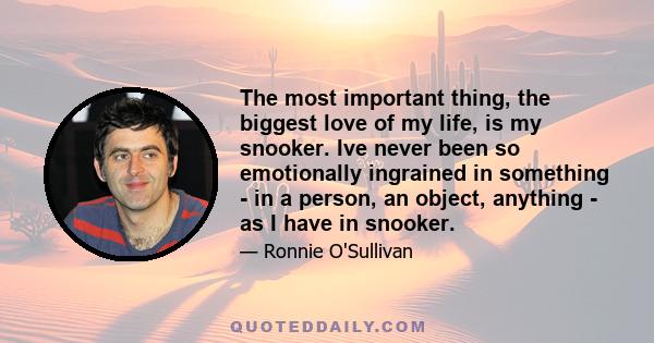 The most important thing, the biggest love of my life, is my snooker. Ive never been so emotionally ingrained in something - in a person, an object, anything - as I have in snooker.