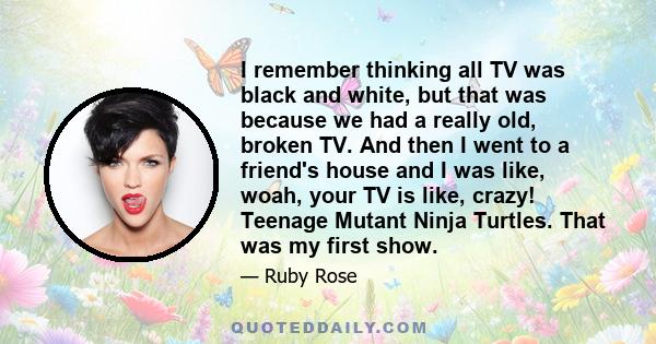 I remember thinking all TV was black and white, but that was because we had a really old, broken TV. And then I went to a friend's house and I was like, woah, your TV is like, crazy! Teenage Mutant Ninja Turtles. That