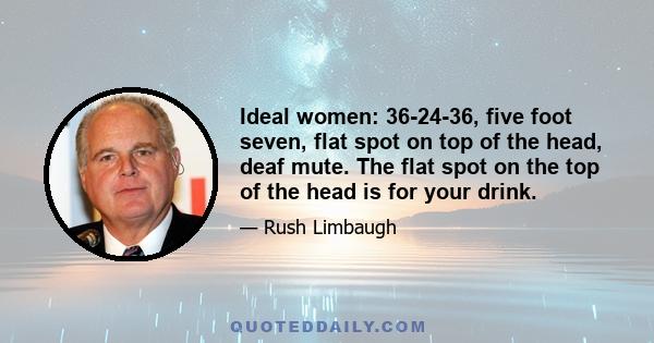 Ideal women: 36-24-36, five foot seven, flat spot on top of the head, deaf mute. The flat spot on the top of the head is for your drink.