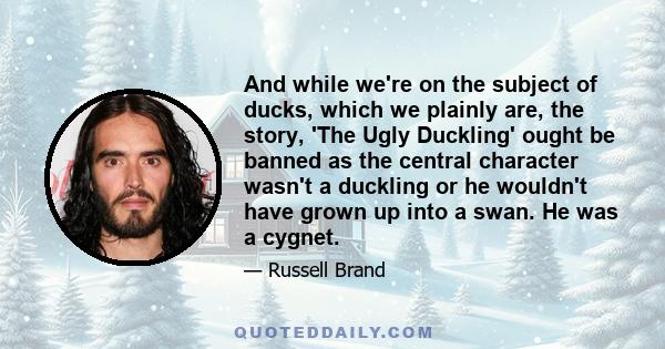 And while we're on the subject of ducks, which we plainly are, the story, 'The Ugly Duckling' ought be banned as the central character wasn't a duckling or he wouldn't have grown up into a swan. He was a cygnet.