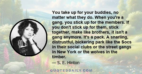 You take up for your buddies, no matter what they do. When you're a gang, you stick up for the members. If you don't stick up for them, stick together, make like brothers, it isn't a gang anymore. It's a pack. A