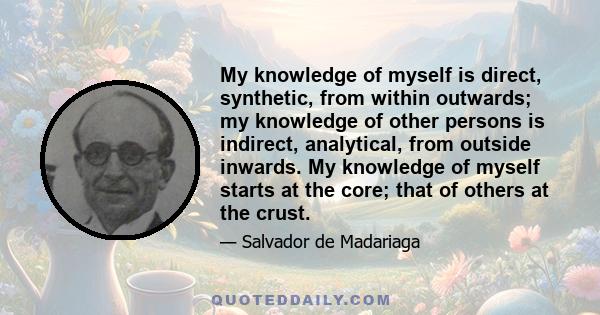 My knowledge of myself is direct, synthetic, from within outwards; my knowledge of other persons is indirect, analytical, from outside inwards. My knowledge of myself starts at the core; that of others at the crust.