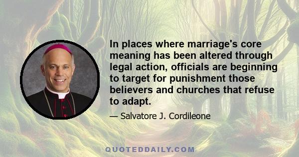 In places where marriage's core meaning has been altered through legal action, officials are beginning to target for punishment those believers and churches that refuse to adapt.